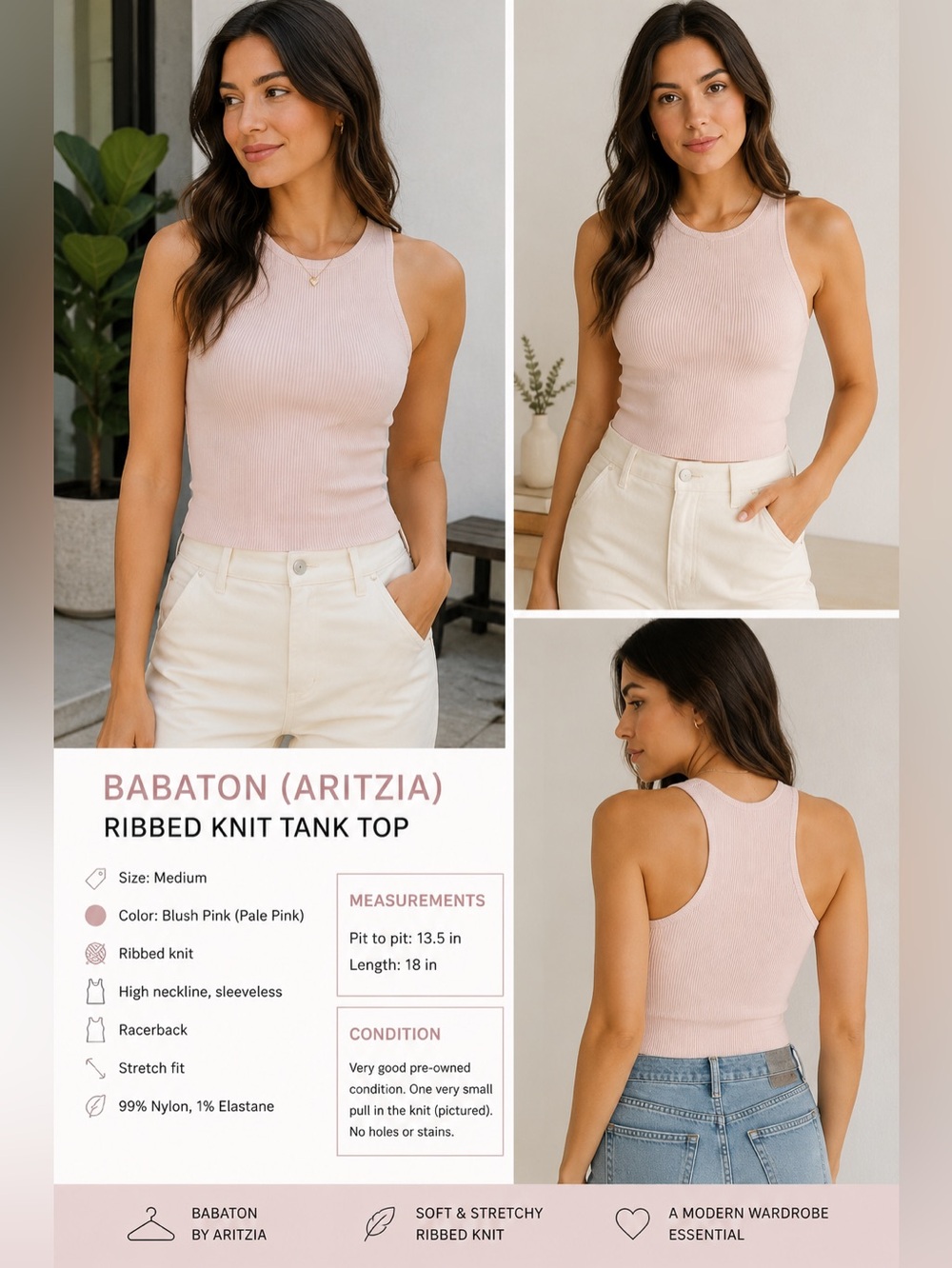Babaton Aritzia Ribbed Knit Tank Top Size M Blush Pink Sleeveless Stretch